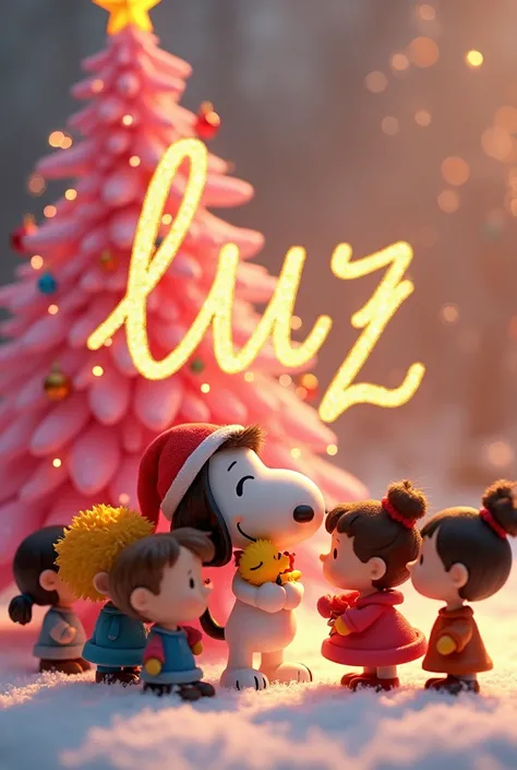 "luz" In golden cursive letter ,  Christmas Snoopy with Woodstock in her arms, love, Family 5 friends , pink Christmas tree 