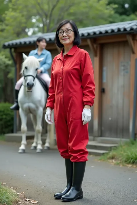 Black-haired,   shiny knee-length black rubber boots rubber boots and glasses in a red jumpsuit 、mature Japanese woman 、 wearing white rubber gloves 、 in front of a toilet in a park 、 woman is riding a white horse 