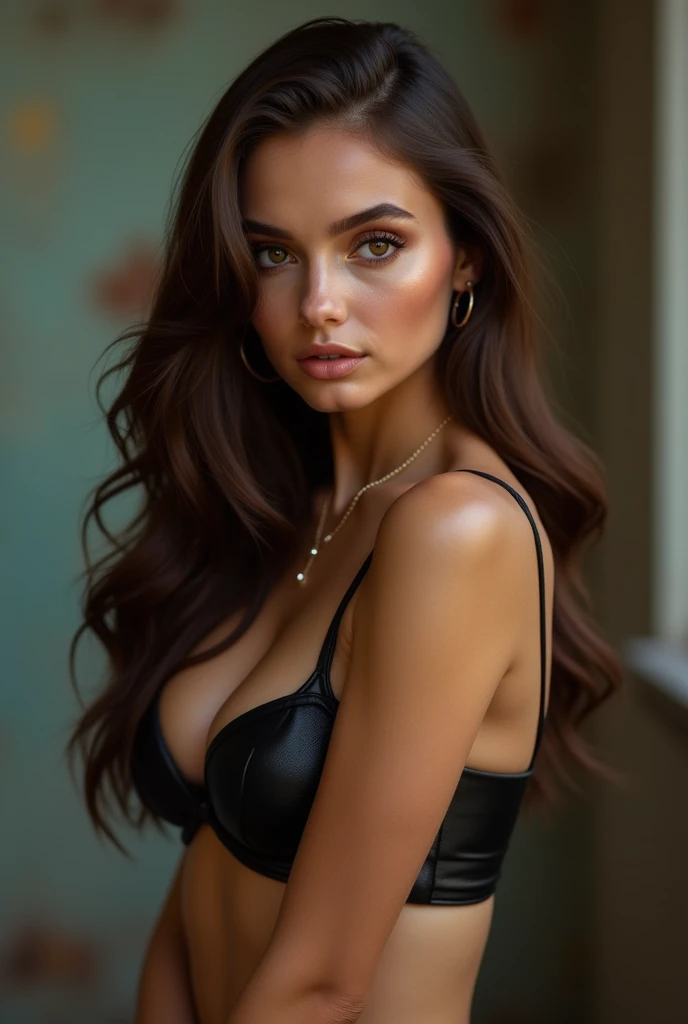  A beautiful girl from the 2000s metallic eyeshadow, thin eyebrows, shiny full lips, high, skinny,  marked abdomen , cuerpo highmente difundido y delgado, smooth and long brown hair , seductive almond eyes in brown color and button nose