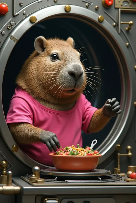 A capycho cooking in a machine 
with a pink t-shirt

