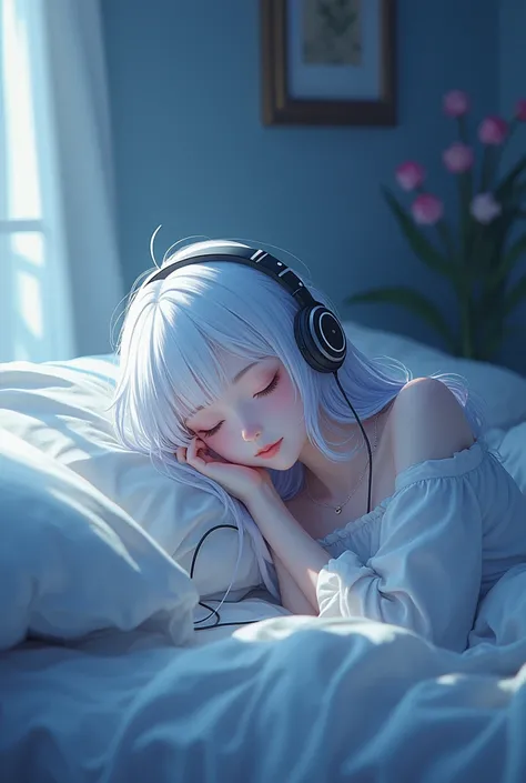 fille d&#39;anime allongée sur un lit avec des écouteurs, un dessin animé par Shitao, tendance sur pixiv, Art auto-destructeur, noyau nocturne, style anime. 8K, style anime 4 k, cheveux blancs deity, cheveux blancs, de arknights, anime vibes, Meilleur Anim...