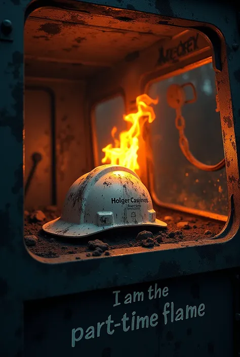 An ugly filthy black filthy flame in a 797 mining truck in a mine with a white helmet that says Holger Caseres and a sign that says I am the part-time flame 