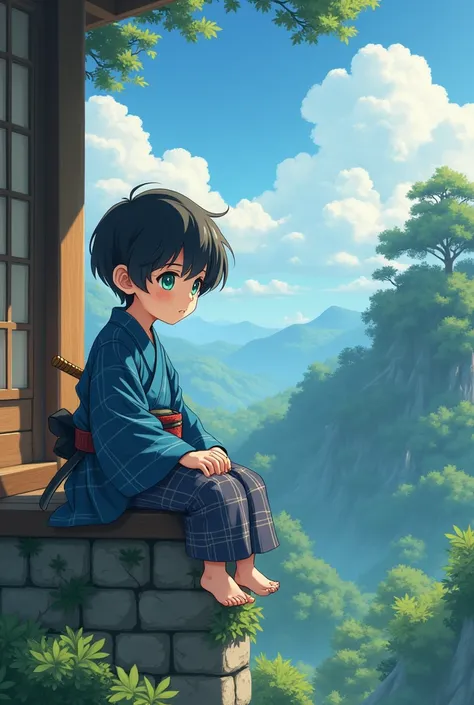  Anime work about a  boy holding a wooden sword in his lap ,  white skin black hair slightly curly emerald eyes wearing blue plaid kimono, sitting on the ledge of a traditional Japanese house in the mountains,  around a dense forest of deserted wild trees ...