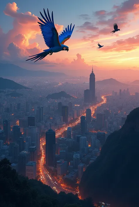 Do it the same but from an aerial view ,  use images of Waraira Repano and the city of Caracas that you can get on the net, Like a surreal anime at dusk and place some blue macaws flying over the city as a symbol of pride 