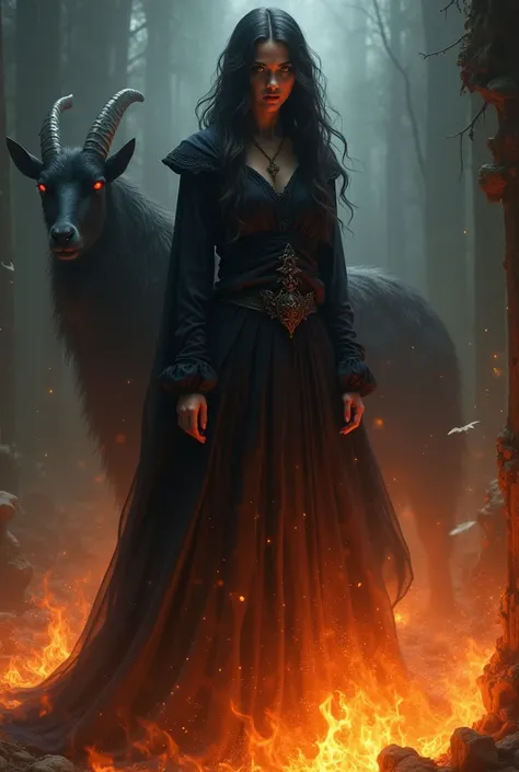  A sorceress witch burning at a fire with a satisfied look, Behind a black goat with red eyes 
