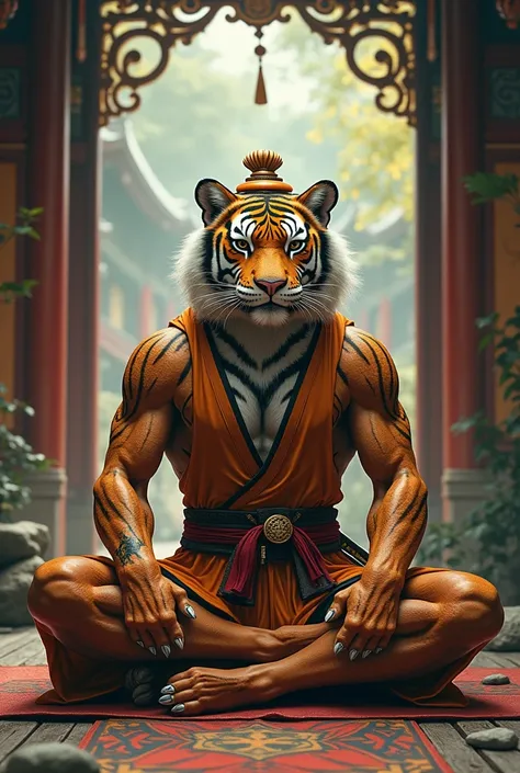 A MUSCULAR TIGER WITH A HUMAN BODY AND TIGER FEATURES IN A Shaolin Temple WITH A SWORD AT HIS SIDE AND WEARING A VEST IS A KUN FU MASTER MEDITATING, HE IS WEARING A GLUTINOUS KUNG FU HAT