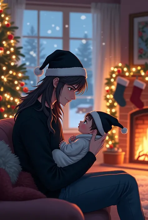 A trans man he has long black hair gray-blue eyes he has a black white Christmas cap on his head a black Christmas pover on he has his new born baby in his arms he is sitting on the couch in the living room the living room is decorated for Christmas and in...