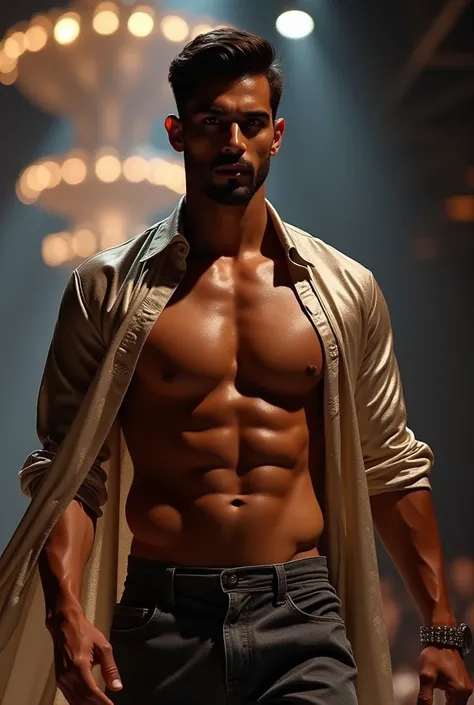 Indian hot adult brown handsome man with hot bulk wet body wear silk shinning shirt in the fashion show 