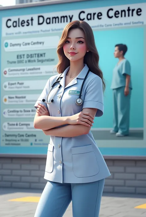 A nurse holding a stethoscope  wearing a uniform waiting in front of billboard Dammycare Centre