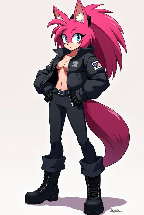 Amy Rose the hedgehog -inspired character with a tall, muscular , resembling anime style. The character has pink fur instead of pink, with sharp, expressive eyes typical of anime characters. It wears a sleek black jacket, black pants, and military-style bo...