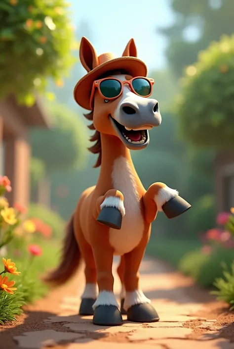 Funny horse is singing  ,  wears hat and sunglasses,  smiling. stand, whole body. facing the camera.Sunny garden.3d hd .  very realistic . 4k