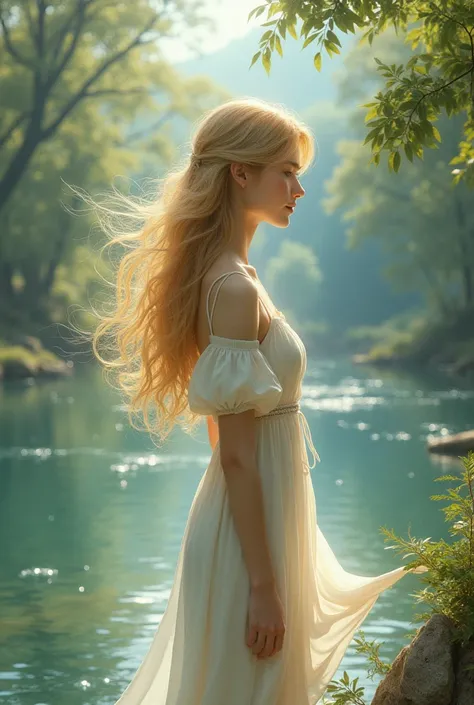 Girl by a river with long blond hair 