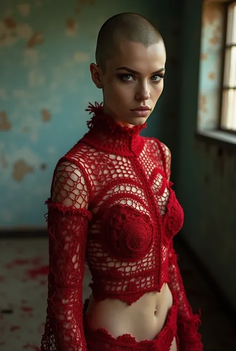 Shaved model in a inspiration dystopian room wearing crocheted clothes with red wool and silk thread. Ropa de verabo. Fashion estilo harapiento. Rock music