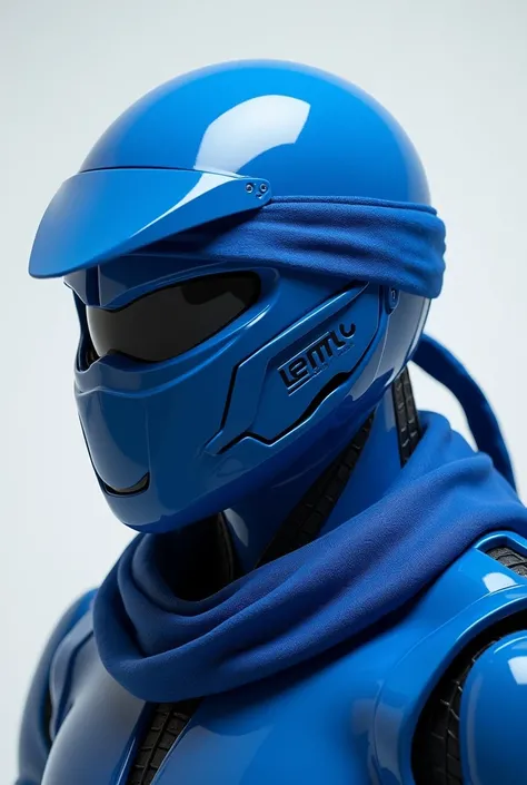 Create an image of a blue ninja helmet inspired by Leonardo from Teenage Mutant Ninja Turtles. The helmet should have a sleek, modern design, with a glossy finish, and a distinct blue color. It should feature a bandana wrapped around the top in the signatu...