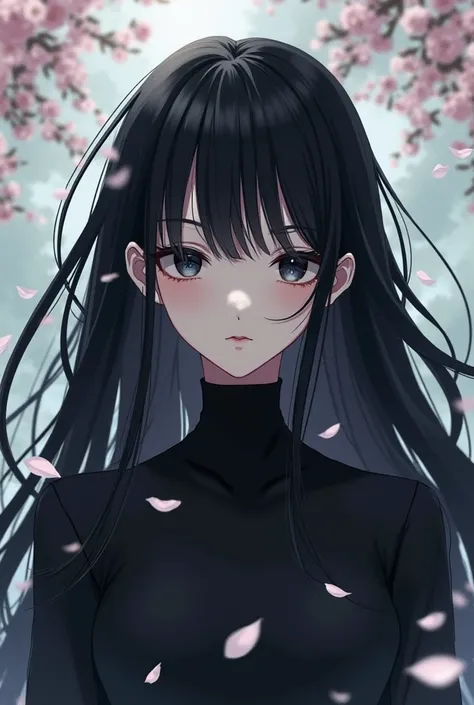 The girl has long black hair, black clothes and a cold voice anime There are some flowers falling down and the girl is a beautiful lady.