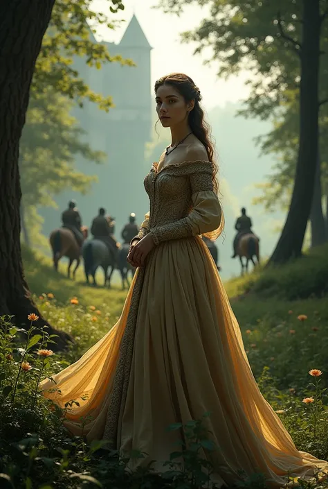 (photorealism:1.2),  A woman in the Middle Ages ,  in the woods, hay castillos al fondo, Ella lleva un vestido, In the background there are several knights on horseback