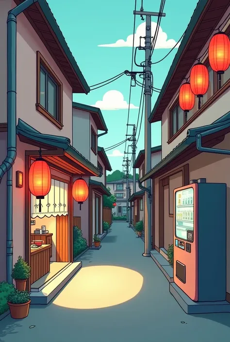 Create a Japanese back alley scene in The Simpsons cartoon style. Use soft pastel tones for the color palette. Include simple elements like hanging red lanterns, a ramen shop with a noren curtain, and a vending machine. Keep the composition minimal and the...