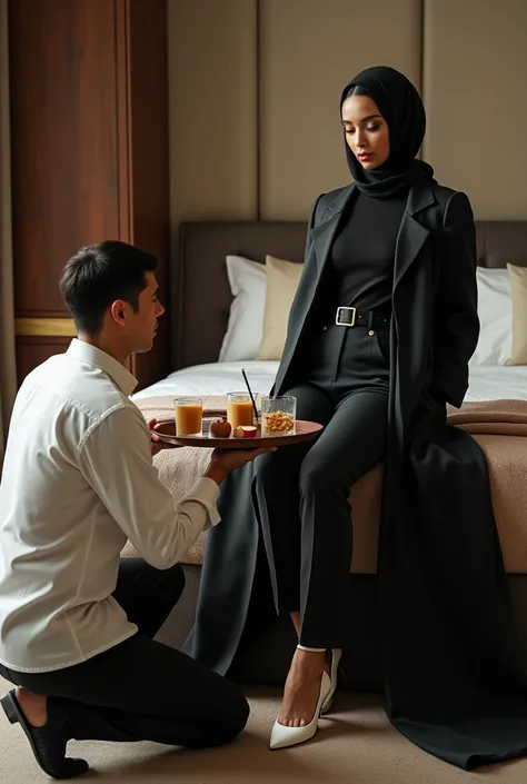  a man in a white button-down shirt knelt down and handed a tray of food and drink to a tall woman wearing a black t-shirt and black trousers and a fancy army long suit and black hijab with white shoes lying on a plush bed.