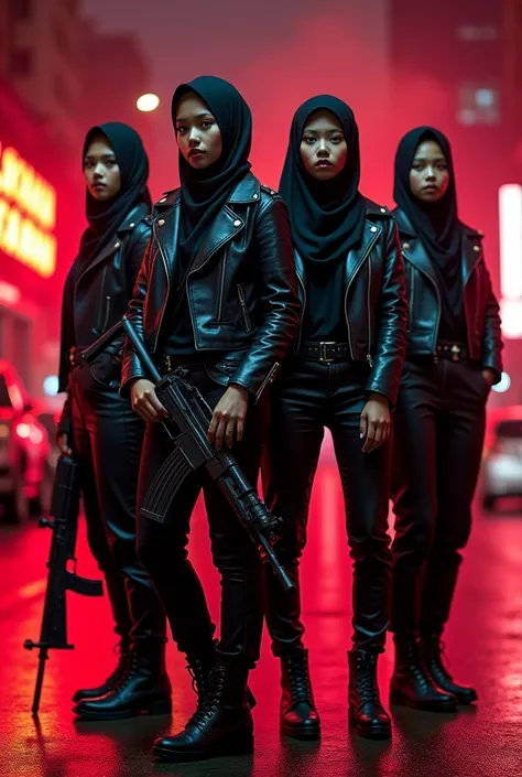  4 Indonesian girl wearing a hijab wearing a black leather jacket, put on leather pants ,  leather boots . full body.  At the red light of the city. Different poses , holding an AK 47 