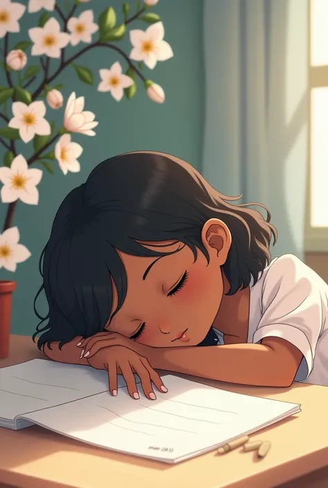 A cute girl with short hair and Black skin is sleeping on the desk with beautiful white flowers on top and anime
