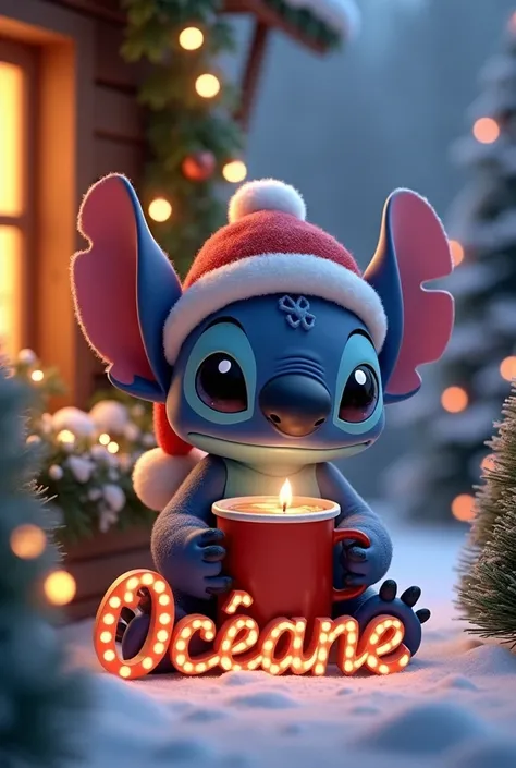 Une image Disney avec un Stitch avec un bonnet de noel ,une tasse de chocolat qui fume ,un décor de Noël et le prenom Océane en 3d dans la neige.