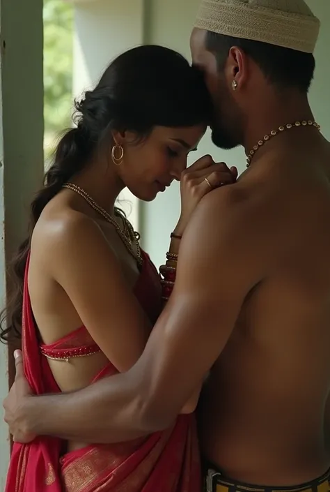 A young Indian boy watches in shame as his young Indian wife stands in front of him topless, wearing only a mangalsutra around her neck, as her aged Muslim lover comes from behind to hug her, squeezing her naked breasts shamelessly 