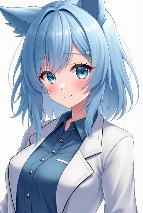 a portrait of a woman with detailed features, [full body：1.4］whole body、 from flont, realistic, whole body、 full body, full body,Full Body Shot, standing, Front View, 8k resolution, smile, closed mouth, looking at the cameraBlue Hair/ light blue hair,  hig...