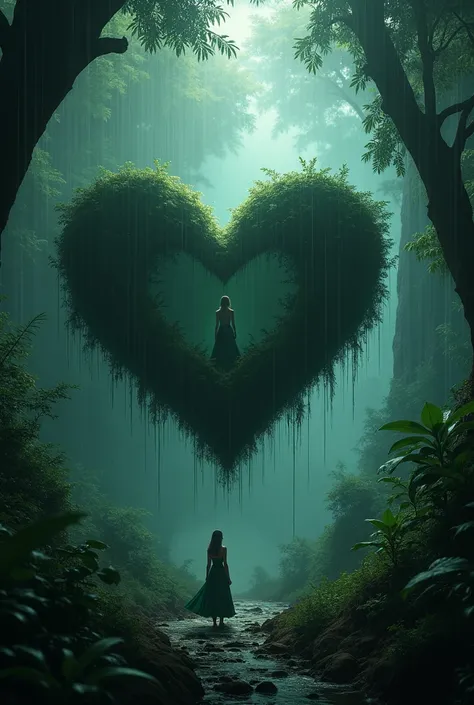  a half-dark heart in a rainforest with a rainy background ,  with a romantic focus and with Gloria Esther Roman Cupitay in the center of the heart