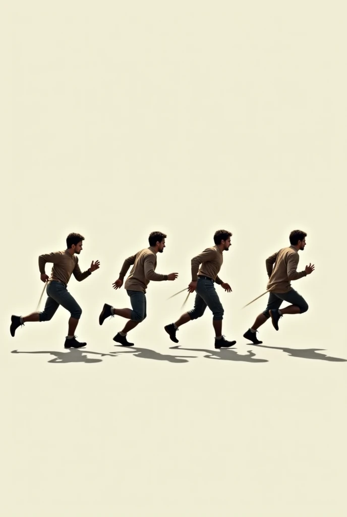 Photo of a crofter running to the right and making 5 moves, standing in movement 1, starting to run in movement 2 and running equal distances until movement 5. I can see the movements completely.