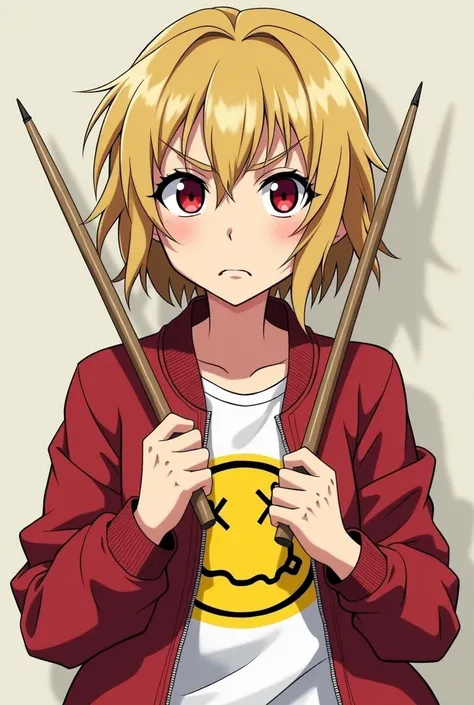  anime girl with short blond hair and red eyes,  with an unhappy expression , Raised eyebrows, wearing a red bomber ,  jeans and a NIRVANA ,  with drumsticks in her hand 