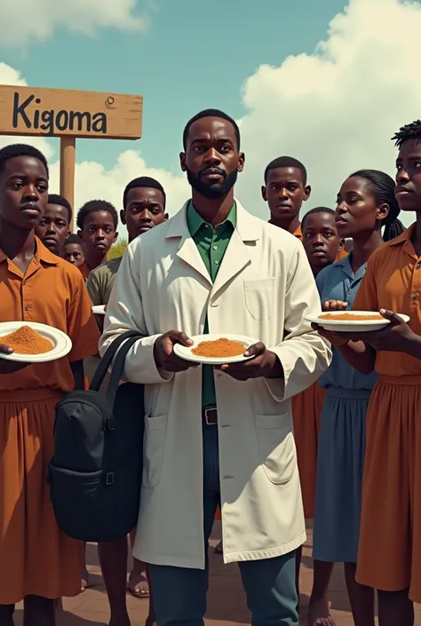 Twelve ren African Refugees holding a empty plate, standing with African man wearing a white lab coat and holding a black bag with text “PT NEHEMIAH, those ren look like they are pitying, look like they want food, behind them there is a sign text “KIGOMA“