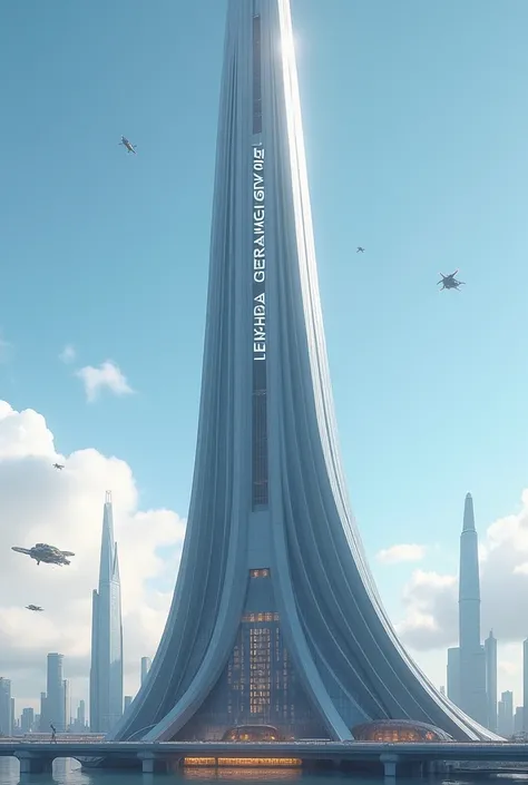 Please make me a picture of a needle-shaped building with a height of 6km and the inscription GARUDA ENGINE on its building