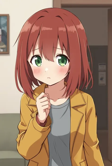  1 girl , high definition ,  shortcuts,  bob hair, mustard colored coach jacket and gray clothes underneath,Reddish brown hair, emerald green eyes, character design, Getting ready to go out in a cute room ,