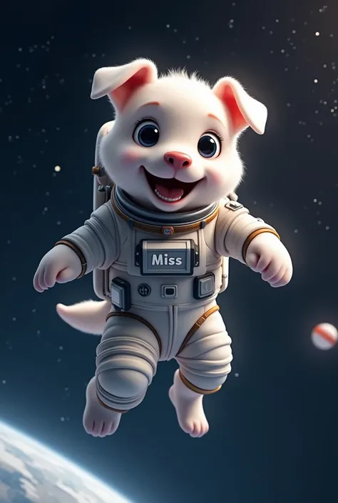 Cute female white pitbull astrounat in space with the name Miss on the suit 