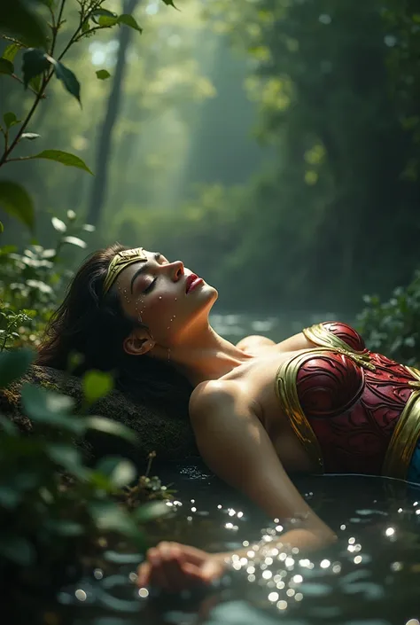 Create a photo of Wonder Woman naked lying on her back,on her face were sticky drops of milky mucus,forest scene