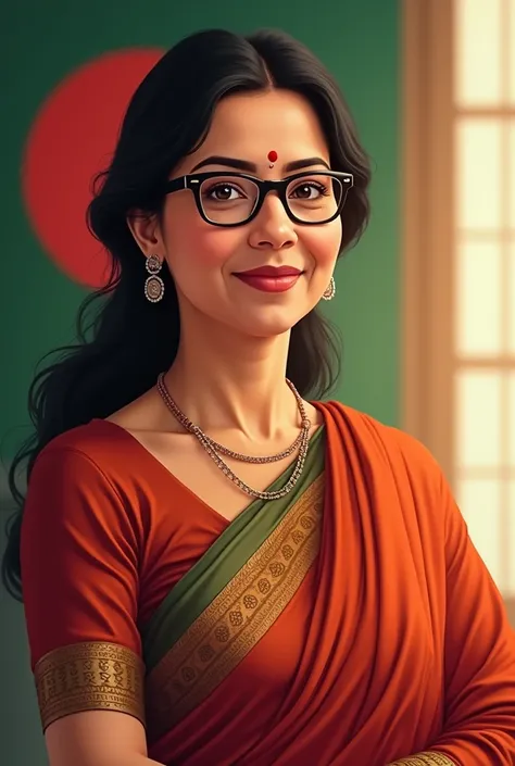 "Create a realistic digital illustration of a middle-aged South Asian woman with a graceful and confident demeanor, wearing a traditional Bangladeshi saree with intricate patterns. She has glasses, a gentle smile, and an aura of leadership. The background ...