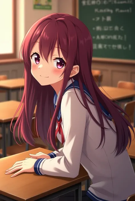 In the classroom a girl sit in the first table is( turning down )to hello me with maroon hair