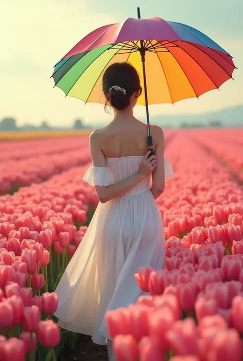 High Quality Masterpiece , Cinematic composition , Morning light , 20s Thai woman  wearing white dress , Full body_9 points_8 points_7 points_Source_Real , Source_Photography ((Realistic rendering (Overall scaling: 1.3))), A young woman holding a colorful ...