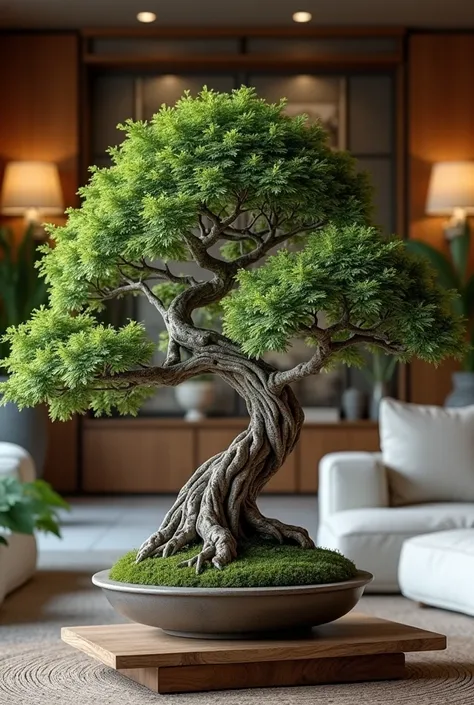  should stand out in the picture. Create a realistic image of a bonsai in the living room of a house. The bonsai 