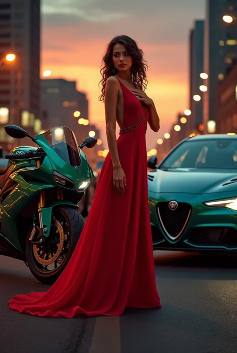  realistic photography , Machine,  Beautiful,  , a woman in an open red dress is standing on the road ,  next to the car is an emerald Yamaha , between an Alfa Romeo car and an emerald-colored motorcycle ,  on the asphalt,  against the sunset and the light...