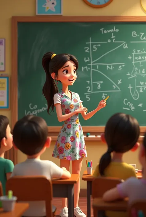 Create a teacher who has her hair tied with a tail and who dictates mathematics to create in Disney Pixar 