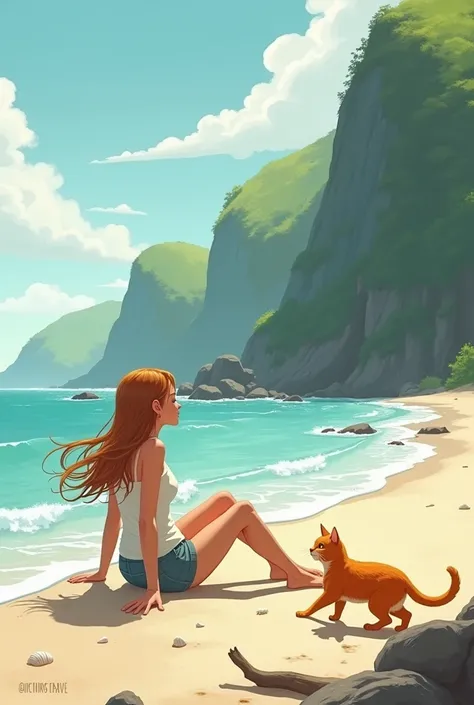 Missy in the sea with a little orange cat 