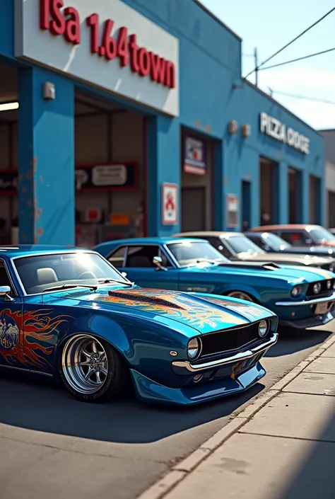 Custom car meeting in front of mechanic shop, dodge charger custom, blue ford mustang custom, realistic, very detailed, 16k, street and sidewalk, city looking, blue walls, there is a visible big sign  “ISA 1:64 TOWN” 