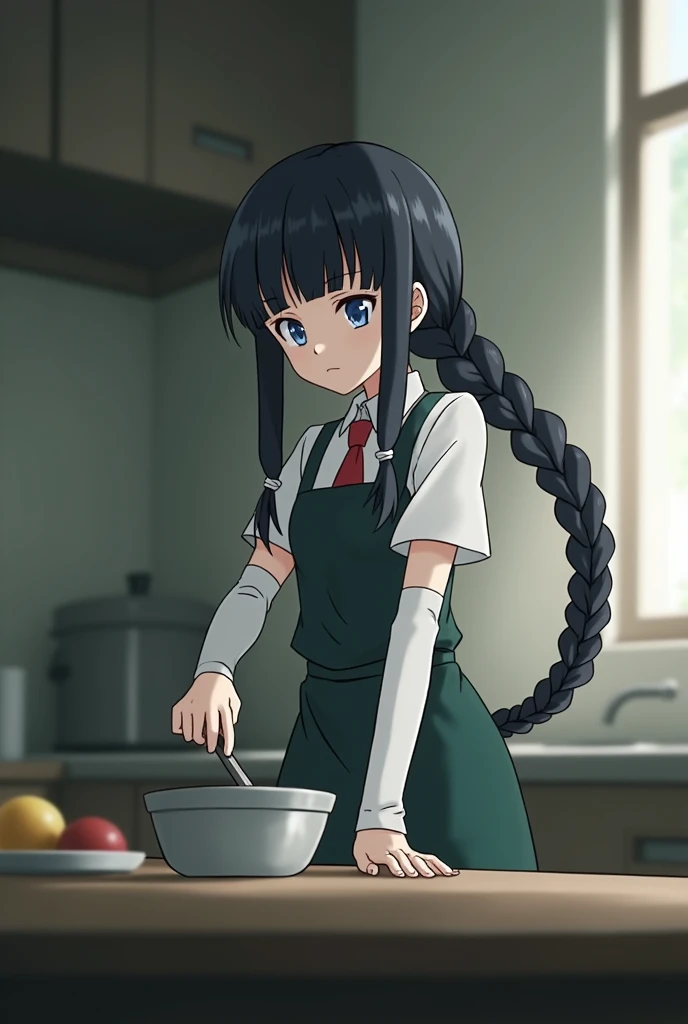  Screenshot style Boku no hero Academia ,   old girl with very long knee length hair jet-black,  tied in a very long braid up to the knees bangs on the forehead , small eyes crystal blue , parts, calm face, neutral, dark green skirt, white shirt red tie , ...