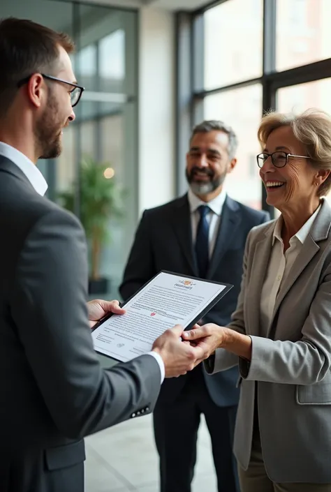 create an image of an executive handing over a health insurance policy to his very happy clients