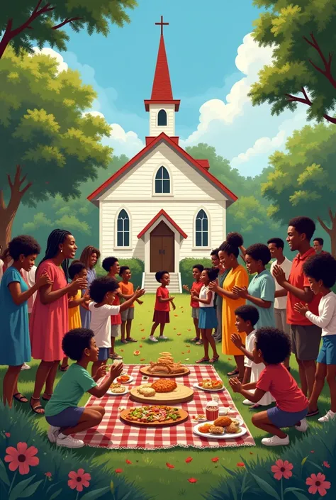 Black Christian church gathering outside sharing food, laughter, joy, picnic, ren playing around and people praying and singing together