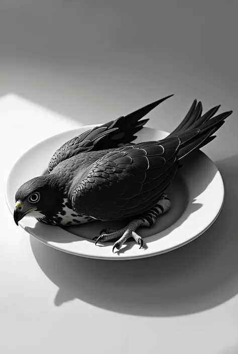  generate a dead falcon for me, cooked on a plate , in black and white to draw  