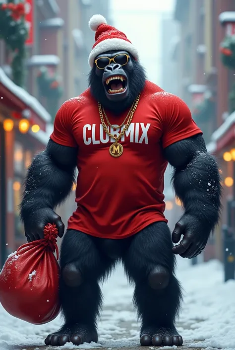 Muscular gorilla,Standing full body happy ,  using sunglasses  ,With multi-colored hair  , Santa Clauss beanie on his head  ,   and he wears a red t-shirt with the name CLUB MIX on his chest,  in the background the city streets covered with snow   , in one...