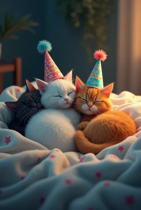 Generate a high quality 3D image:White,black and orange cats wear birthday caps and sleeping on bed with together at night