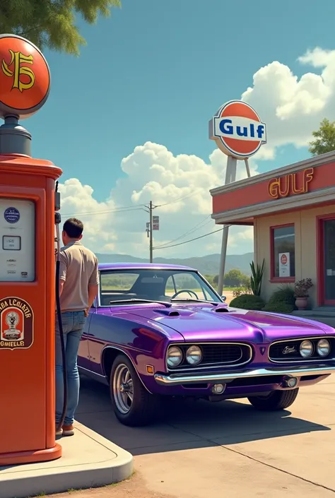 Man pumping gas in a purple custom Plymouth gtx, vintage style, beautiful day, great picture, realistic, 16k, big old gas pump, gulf gas station 